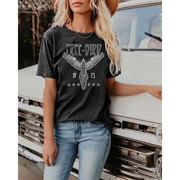 Vintage Rock Band T-Shirt Woman Retro Bird Shirt Eagle Graphic Tees Retro Music Shirt Casual Short Sleeve Tops Grey