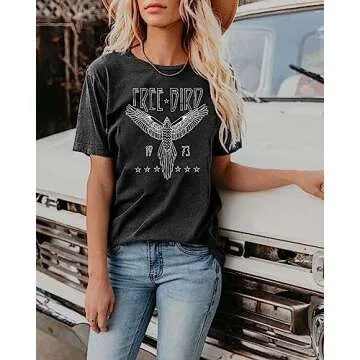 Vintage Rock Band T-Shirt Woman Retro Bird Shirt Eagle Graphic Tees Retro Music Shirt Casual Short Sleeve Tops Grey