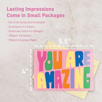 S&O Fun Thank You Cards with Envelopes - Assorted Thank You Cards to Express Gratitude - Thank You Notes with Envelopes Set of 24 - Gratitude Note Cards with Envelopes in Pop Colors to Mix & Match