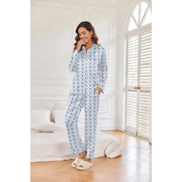 Ekouaer Silk Pajamas for Women Classic Button Down Pj Sets Satin Sleepwear Comfy Long Sleeve Loungewear Blue-Monkey S