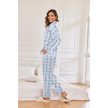 Ekouaer Silk Pajamas for Women Classic Button Down Pj Sets Satin Sleepwear Comfy Long Sleeve Loungewear Blue-Monkey S