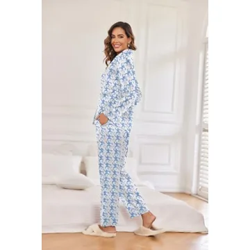 Ekouaer Silk Pajamas for Women Classic Button Down Pj Sets Satin Sleepwear Comfy Long Sleeve Loungewear Blue-Monkey S