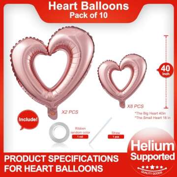 10 Pcs Rose Gold Hollow-out Heart Shaped Balloons Special Love Valentine Heart Balloons for Valentin...