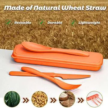 Reusable Travel Utensils Set with Case, 5 Sets Wheat Straw Portable Plastic Fork Spoons Knife Campin...