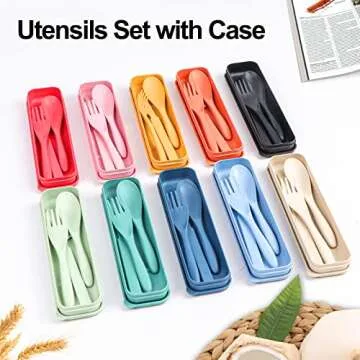 Reusable Travel Utensils Set with Case, 5 Sets Wheat Straw Portable Plastic Fork Spoons Knife Camping Cutlery, Eco-Friendly BPA Free Lunch Tableware Travel Picnic Utensils for Kids Adults Daily Use