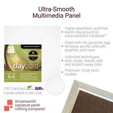 Ampersand Art Supply Wood Painting Panel: Museum Series Claybord, 6" x 6" - Pack of 4, 1/8" Flat Profile