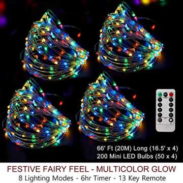 Bright Zeal 66 Ft 200 LED 8 Mode Multi Colored Christmas Fairy Lights Battery Operated With Remote C...