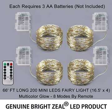 Bright Zeal 66 Ft 200 LED 8 Mode Multi Colored Christmas Fairy Lights Battery Operated With Remote Control Christmas Lights Outdoor Multicolor Waterproof - Twinkle LED Christmas String Lights Colorful