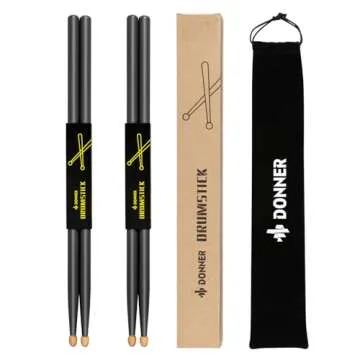 Donner Drum Sticks, 5A Drumsticks Classic Maple Wood Black Drumsticks With Storage Bag, 2 Pairs
