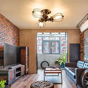 GLADFRESIT Vintage Ceiling Light 3 lights Adjustable Socket Rustic Lamp, Metal Cage Semi-Flush Mount Industrial Ceiling Light Indoor Home Retro Chandeliers Lighting Fixture