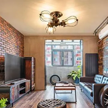 GLADFRESIT Vintage Ceiling Light 3 lights Adjustable Socket Rustic Lamp, Metal Cage Semi-Flush Mount Industrial Ceiling Light Indoor Home Retro Chandeliers Lighting Fixture