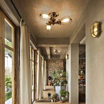 GLADFRESIT Vintage Ceiling Light 3 lights Adjustable Socket Rustic Lamp, Metal Cage Semi-Flush Mount Industrial Ceiling Light Indoor Home Retro Chandeliers Lighting Fixture