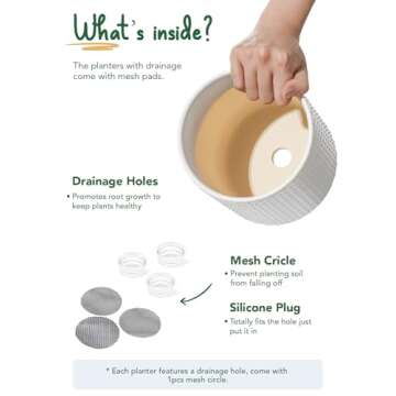 LE TAUCI 6+8+10 Inch Plant Pots Indoor, Ceramic Planter Pots for Plants, Raised Dots Flower Pots Indoor for Home and Office, Mid-Modern Century Pots Indoor with Drainage Hole and Silicone Plug, White