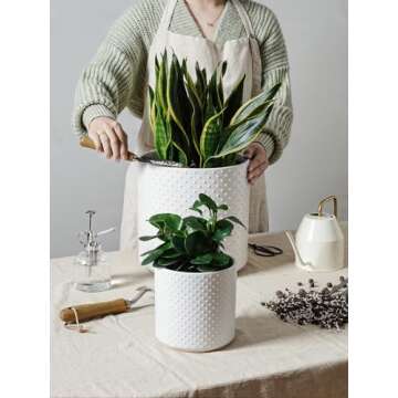 LE TAUCI 6+8+10 Inch Plant Pots Indoor, Ceramic Planter Pots for Plants, Raised Dots Flower Pots Indoor for Home and Office, Mid-Modern Century Pots Indoor with Drainage Hole and Silicone Plug, White