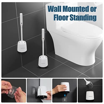Toilet Scrubber, Silicone Toilet Brushes for Bathroom with Holder, Toilet Brush Cleaner Set with 2 Brush Heads, Good Papa Electric Toilet Brush, Floor Standing, Wall Mounted without Drilling