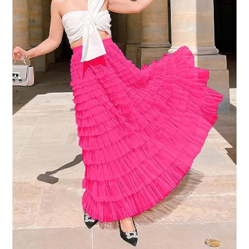 Mliyasan Women’s Multilayer Ruffles Tulle Skirt Pleated High Waist Fluffy Maxi Skirt Fairy Cake Dress Long Tutu Party Skirt Rose Pink