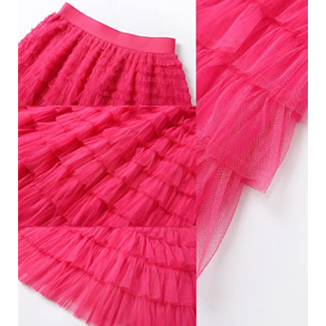 Mliyasan Women’s Multilayer Ruffles Tulle Skirt Pleated High Waist Fluffy Maxi Skirt Fairy Cake Dress Long Tutu Party Skirt Rose Pink