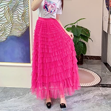 Mliyasan Women’s Multilayer Ruffles Tulle Skirt Pleated High Waist Fluffy Maxi Skirt Fairy Cake Dress Long Tutu Party Skirt Rose Pink