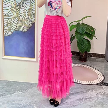 Mliyasan Women’s Multilayer Ruffles Tulle Skirt Pleated High Waist Fluffy Maxi Skirt Fairy Cake Dress Long Tutu Party Skirt Rose Pink