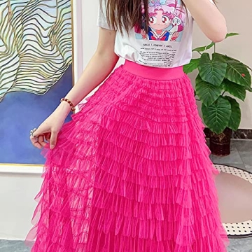 Mliyasan Women’s Multilayer Ruffles Tulle Skirt Pleated High Waist Fluffy Maxi Skirt Fairy Cake Dress Long Tutu Party Skirt Rose Pink