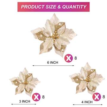 Boao 24 Pieces Christmas Artificial Glitter Poinsettia Flowers Xmas Flowers Wedding Christmas Tree N...
