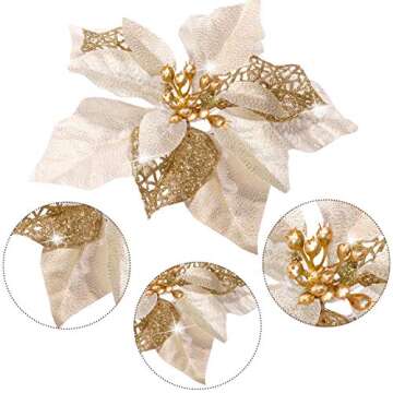 Boao 24 Pieces Christmas Artificial Glitter Poinsettia Flowers Xmas Flowers Wedding Christmas Tree New Year Ornaments(Gold)