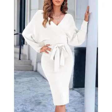 Chang Yun Women's Long Maxi Sweater Dresses Sexy Wrap Batwing V Neck Slit Open Back Holiday Bodycon Dress with Belt