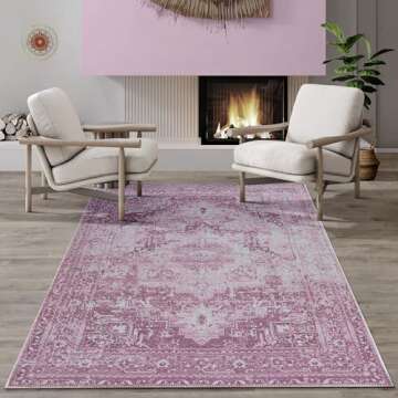 Adiva Rugs Machine Washable 3x5 Area Rug with Non Slip Backing for Living Room, Bedroom, Bathroom, Kitchen, Printed Vintage Home Decor, Floor Decoration Carpet Mat (Pink, 3' x 5')