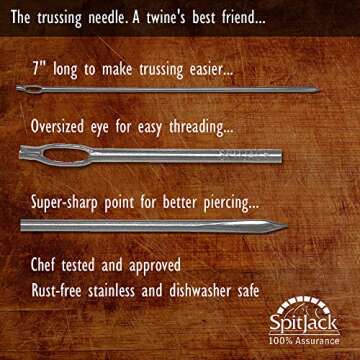 SpitJack Meat Trussing Needle and Butchers Cooking Twine Kit for Sewing Up Whole Hog, Pig, and Roasting Chicken and Turkey. 7 Inch Stainless Steel Needle and 185 Feet of Cotton Kitchen String.
