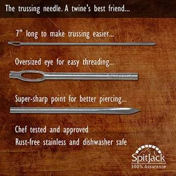 SpitJack Meat Trussing Needle and Butchers Cooking Twine Kit for Sewing Up Whole Hog, Pig, and Roasting Chicken and Turkey. 7 Inch Stainless Steel Needle and 185 Feet of Cotton Kitchen String.