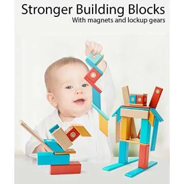 dreambuilderToy Wooden Magnetic Block Set, 14 Wooden Magnetic Tiles, STEM Magnetic Wooden Building T...
