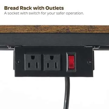 YATINEY Bakers Rack with Power Outlet, 3-Tier Microwave Stand, Multifunctional Coffee Bar, Kitchen Storage Rack with Hooks, for Kitchen, Dining Room, Living Room, Rustic Brown and Black HB01BR