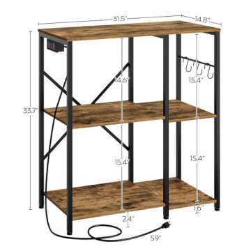 YATINEY Bakers Rack with Power Outlet, 3-Tier Microwave Stand, Multifunctional Coffee Bar, Kitchen Storage Rack with Hooks, for Kitchen, Dining Room, Living Room, Rustic Brown and Black HB01BR