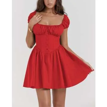 Women's Casual Party Mini Dress Elegant Square Neck Color Block Summer Babydoll High Waist Dress wit...