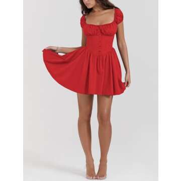 Women's Casual Party Mini Dress Elegant Square Neck Color Block Summer Babydoll High Waist Dress with Buttons (US, Alpha, Small, Regular, Regular, Red)