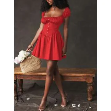 Women's Casual Party Mini Dress Elegant Square Neck Color Block Summer Babydoll High Waist Dress with Buttons (US, Alpha, Small, Regular, Regular, Red)