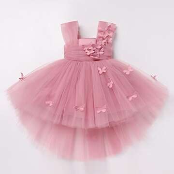 Baby Girl Dress - Dress for Baby Girl, Toddler Birthday Dress Infant Ruffled Butterfly Embroidered Special Occasion Photoshoot Dresses for Princess Pageant Baptism Bridesmaid Dusty Pink 2-3T