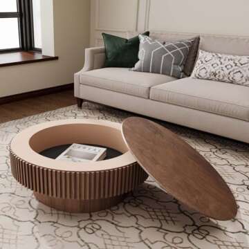 31.5'' Round Coffee Table with Storage, Modern Wooden Coffee Table with Solid Wood Veneered, Circle Center Table Accent Tea Table for Living Room Apartment Walnut