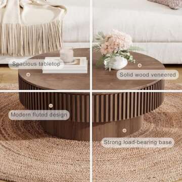 31.5'' Round Coffee Table with Storage, Modern Wooden Coffee Table with Solid Wood Veneered, Circle Center Table Accent Tea Table for Living Room Apartment Walnut