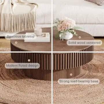 31.5'' Round Coffee Table with Storage, Modern Wooden Coffee Table with Solid Wood Veneered, Circle Center Table Accent Tea Table for Living Room Apartment Walnut