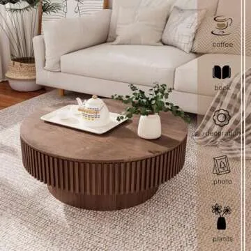 31.5'' Round Coffee Table with Storage, Modern Wooden Coffee Table with Solid Wood Veneered, Circle Center Table Accent Tea Table for Living Room Apartment Walnut