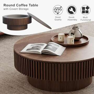 31.5'' Round Coffee Table with Storage, Modern Wooden Coffee Table with Solid Wood Veneered, Circle Center Table Accent Tea Table for Living Room Apartment Walnut