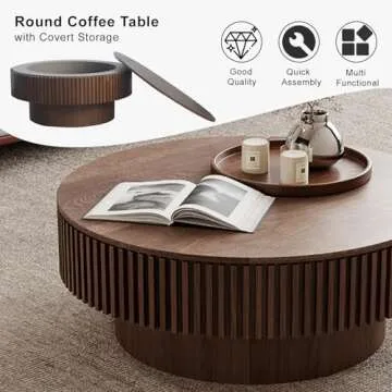 31.5'' Round Coffee Table with Storage, Modern Wooden Coffee Table with Solid Wood Veneered, Circle Center Table Accent Tea Table for Living Room Apartment Walnut