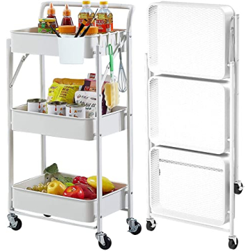 Foldable Storage Cart 3 Tier Rolling Cart Metal Utility Cart with Wheels Assembled Folding Mobile Mu...
