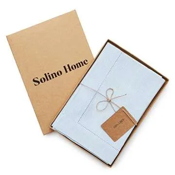 Solino Home Linen Dinner Napkins 20 x 20 Inch - 100% Pure Linen Light Blue Cloth Napkins Set of 4 for Spring, Easter - Classic Hemstitch, Handcrafted and Machine Washable