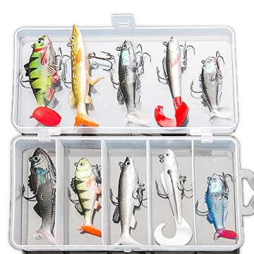 DONQL 10Pcs Soft Fishing Lures with Box Lifelike T-Tail Bass Lures Up to 30M Casting Distance Trout ...