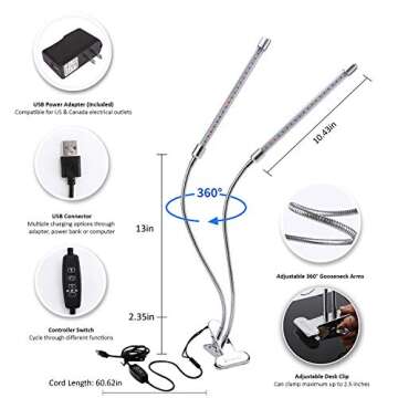 Brite Labs LED Plant Lights for Indoor Plants, 20W Dual Head LED Grow Lights for Seedlings, Adjustable Gooseneck Growing Plant Lamp with Clip On Desk Clamp and Programmable Timer Allows Auto On Off