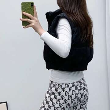 Shiyifa Women's Fashion High Neck Zipper Cropped Puffer Vest Jacket Coat(02Black,M)