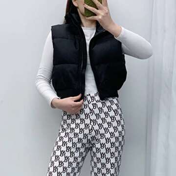 Shiyifa Women's Fashion High Neck Zipper Cropped Puffer Vest Jacket Coat(02Black,M)