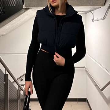 Shiyifa Women's Fashion High Neck Zipper Cropped Puffer Vest Jacket Coat(02Black,M)
